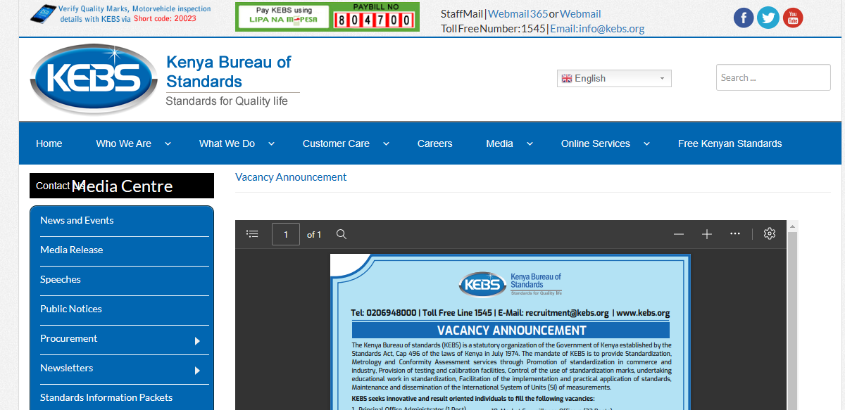 Kenya Bureau of Standards, expert writer, job security, competitive salaries, benefits, quality assurance, application process,