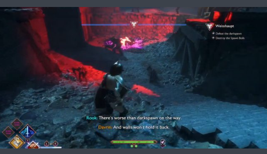 Dragon Age Dreadwolf, gameplay footage, images, leaked, Reddit, Insider Gaming, alpha, authentic, playtest, Bioware developers, Gray Warden fortress HQ, Weisshaupt, Elvish Knight Class, Grey Warden, sword and shield, party members, knight, female dwarf rogue, darkspawn, Red Lyrium, dragon, real-time combat, hack and slash, God of War 2018, ability wheel, party control, animation quality, AAA title, BioWare, fluid animations, responsive, jumping, parry, counters, UI, alpha stage, deleted uploads.