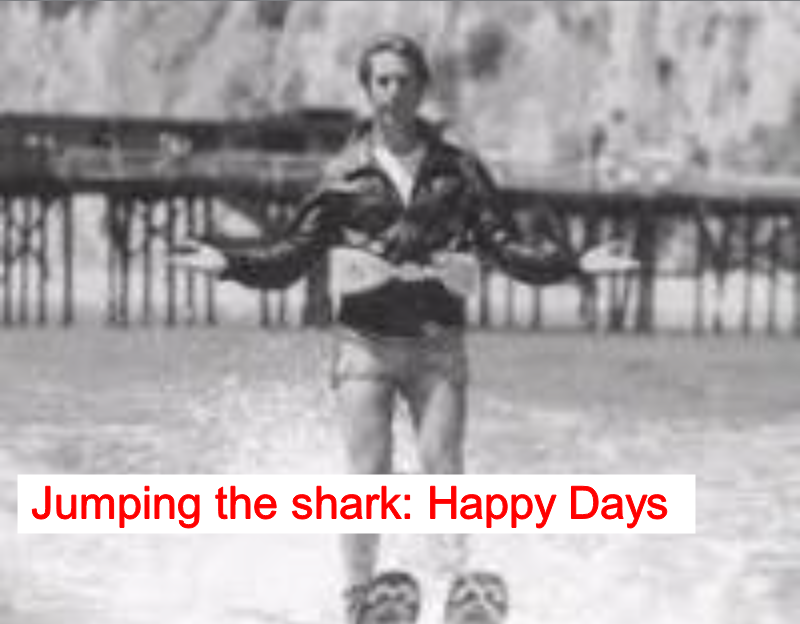 jumping the shark, Happy Days, TV shows, cultural phenomenon, website, Jon Hein, Sean Connolly, decline in quality, BoneTheFish, adding or removing major characters, changing the setting or premise of the show, introducing unrealistic or supernatural elements, clichés or recycled plots,