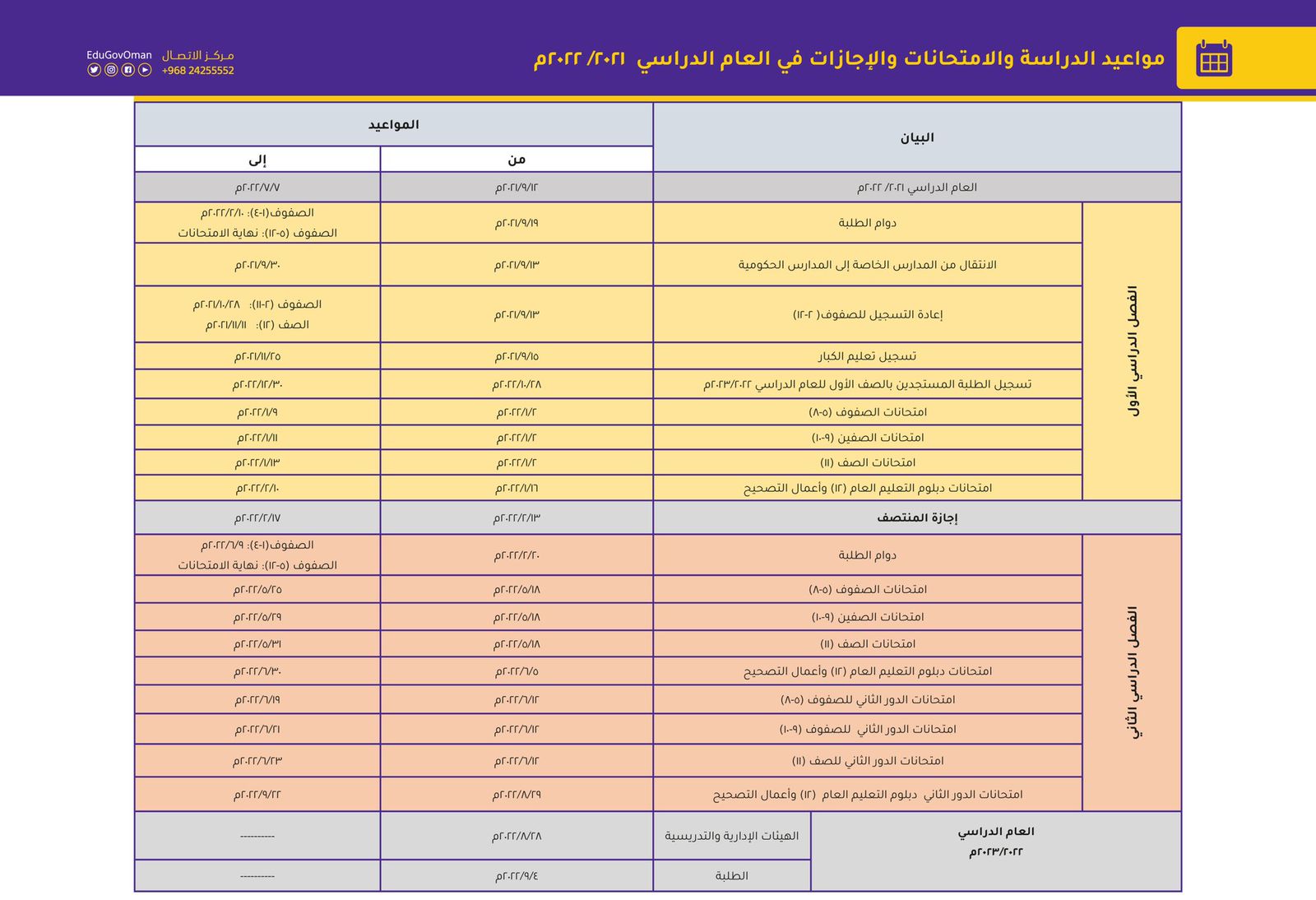 مواعيد الدراسة في سلطنة عمان 2022